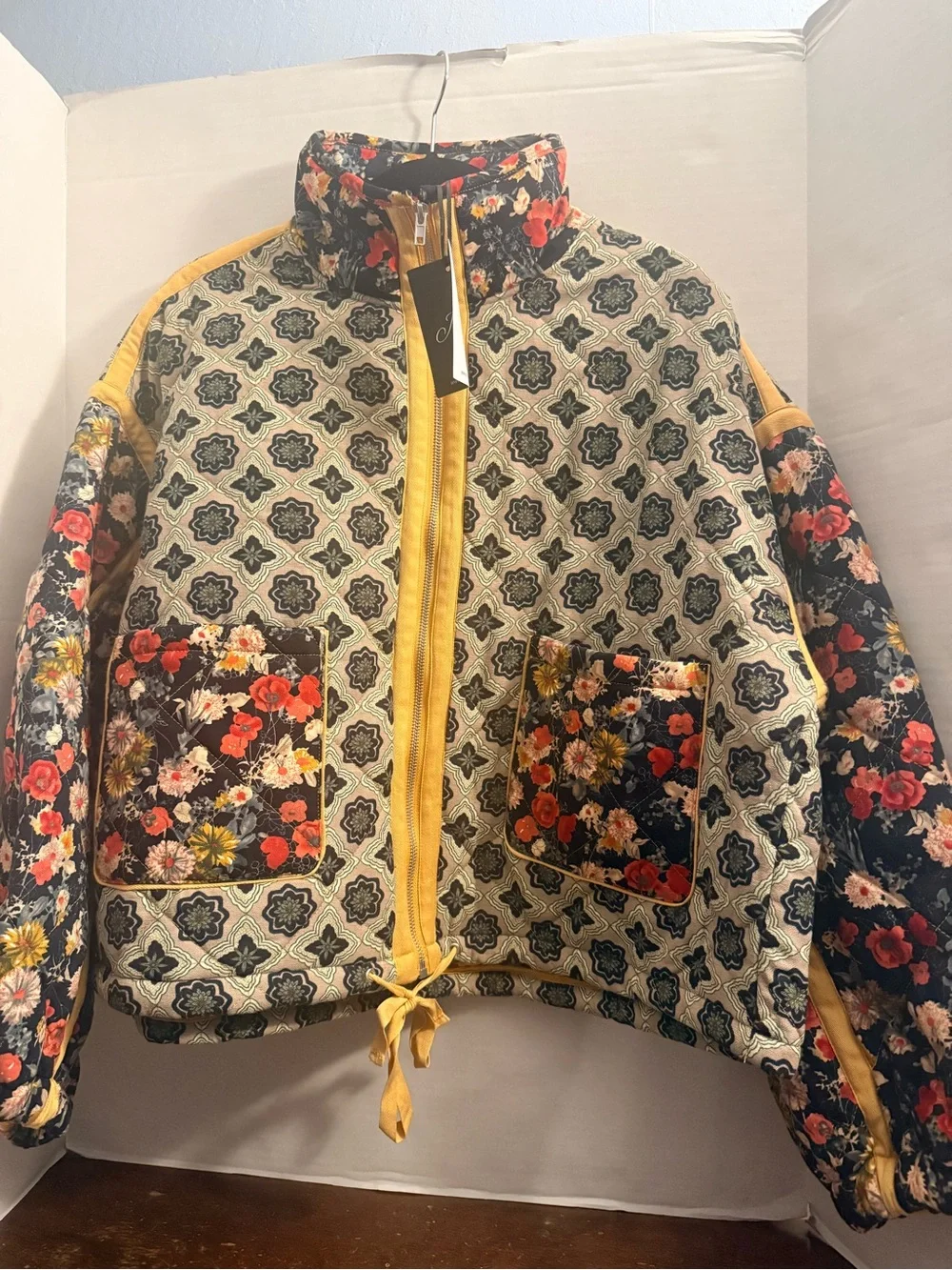J.nna Mixed Print Quilted Puffer Jacket in Marigold Garden  M